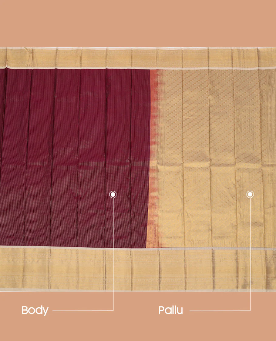 Maroon Budget Silk Saree Elevated with Dotted Zari Stripes, Complemented with a Contrast Traditional Zari Design Border, Diagonal Striped Pallu, and Paired with a Contrast Blouse - Image 3