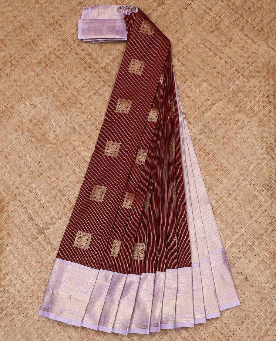 Maroon Budget Silk Saree Gracefully Embellished with Zari Buttas and Zari Stripes, Highlighted with a Contrast Traditional Zari Design Border, Featuring a Pallu of Jaal Design, and Paired with a Contrast Blouse - Image 2