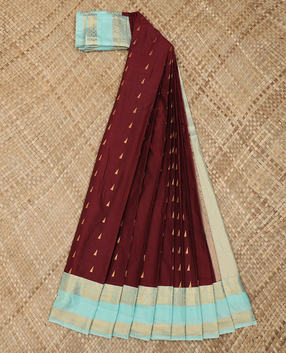 Maroon Budget Silk Saree Highlighted with Triangle Zari Buttas, Complemented with a Contrast Traditional Zari Design Rettai Pettu Border, Gleaming Jaal Pallu, and Paired with a Contrast Blouse - Image 2