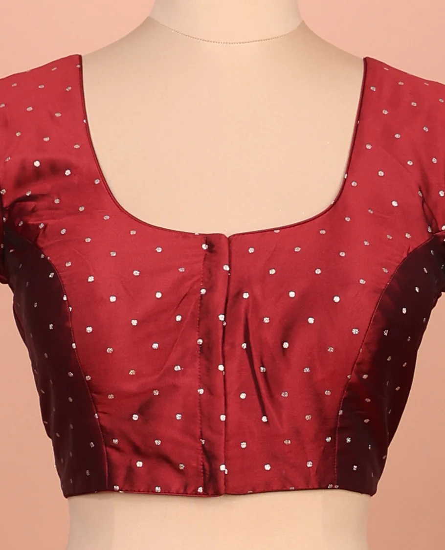 Maroon buttas front-back front-back round neck elbow sleeve readymade blouse - Image 2