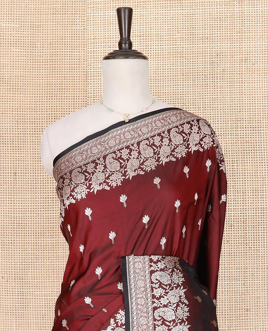 Maroon buttas mushru silk saree, self-border of floral-paisley creeper designs, and paisley design pallu - Image 3