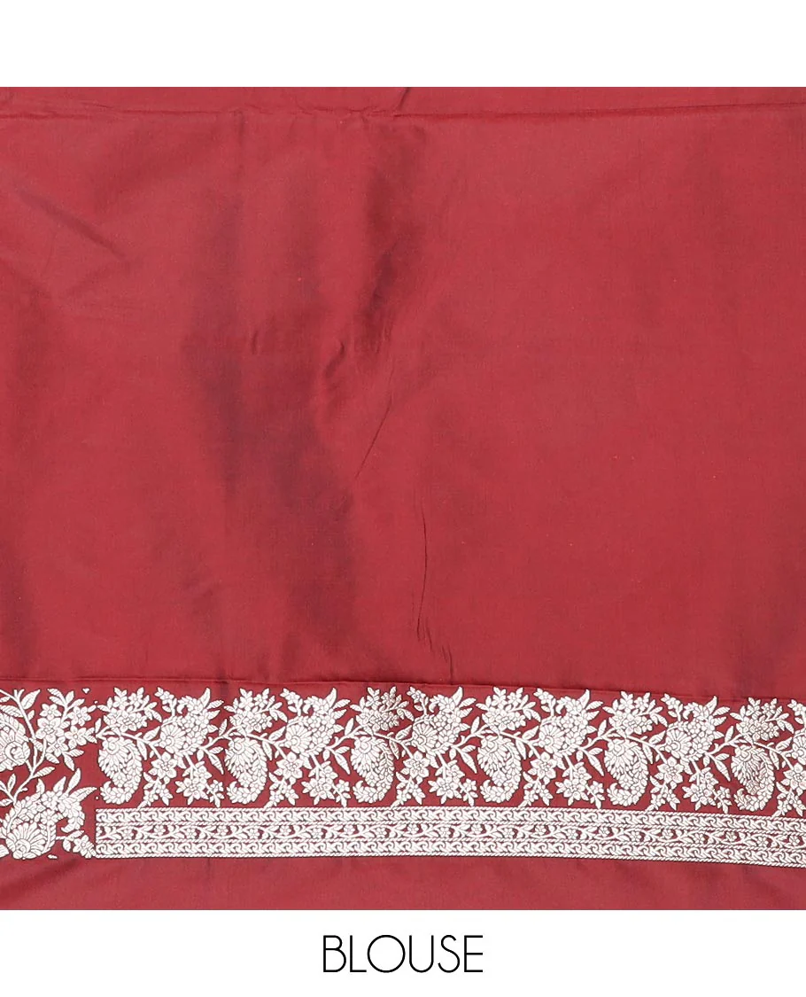 Maroon buttas mushru silk saree, self-border of floral-paisley creeper designs, and paisley design pallu - Image 4