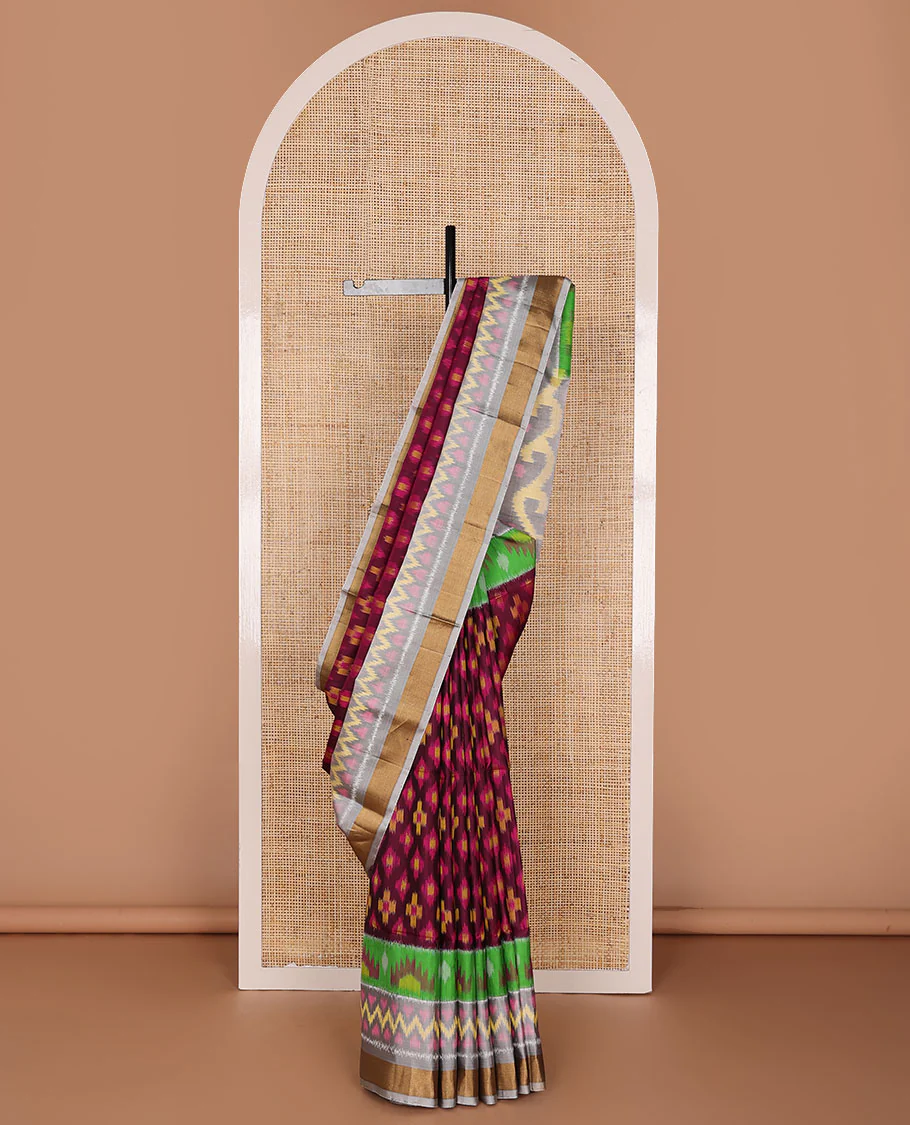 Maroon buttas pure ikkat saree, contrast multi-color geometric patterned ikkat border & pallu - Image 2