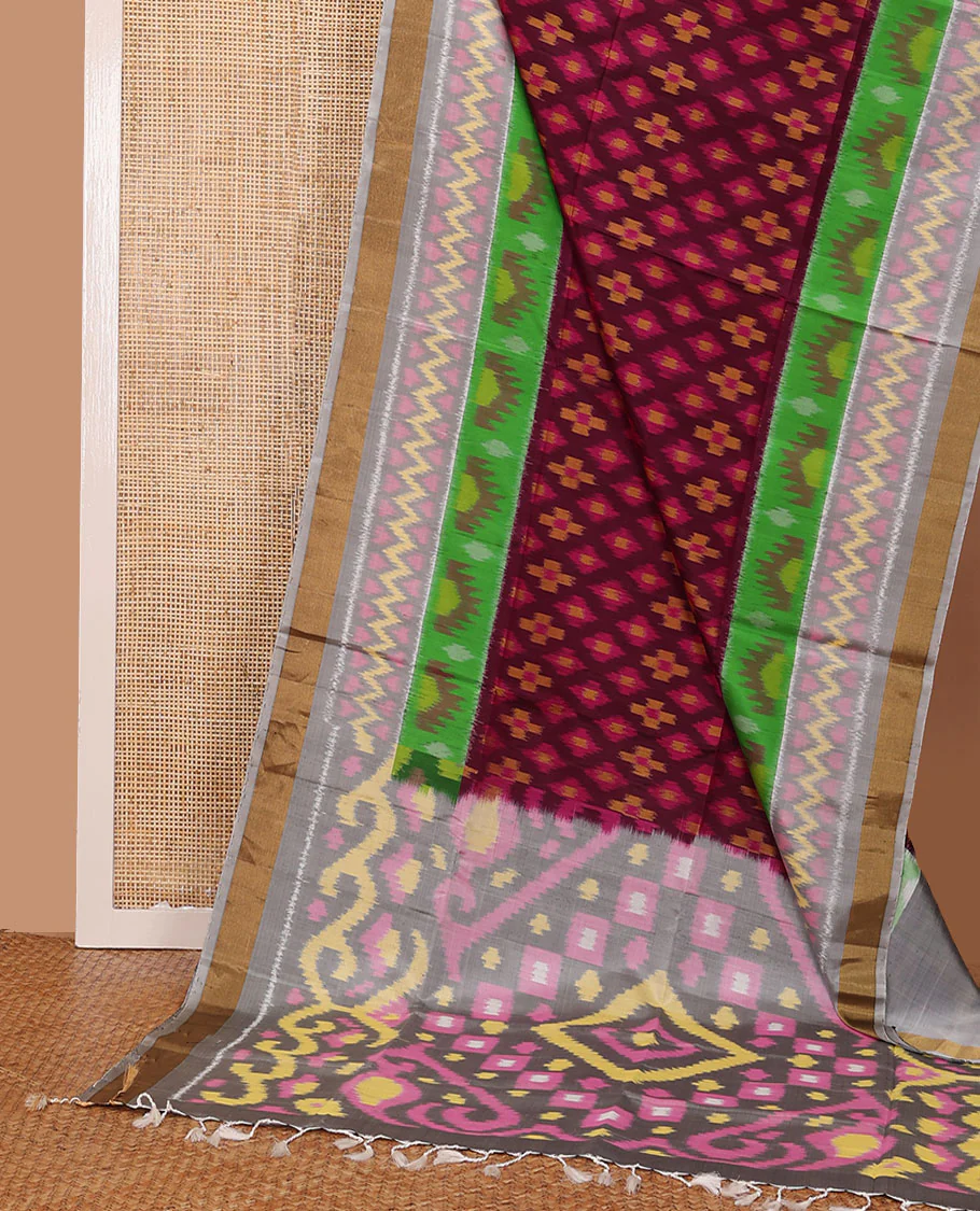 Maroon buttas pure ikkat saree, contrast multi-color geometric patterned ikkat border & pallu - Image 3