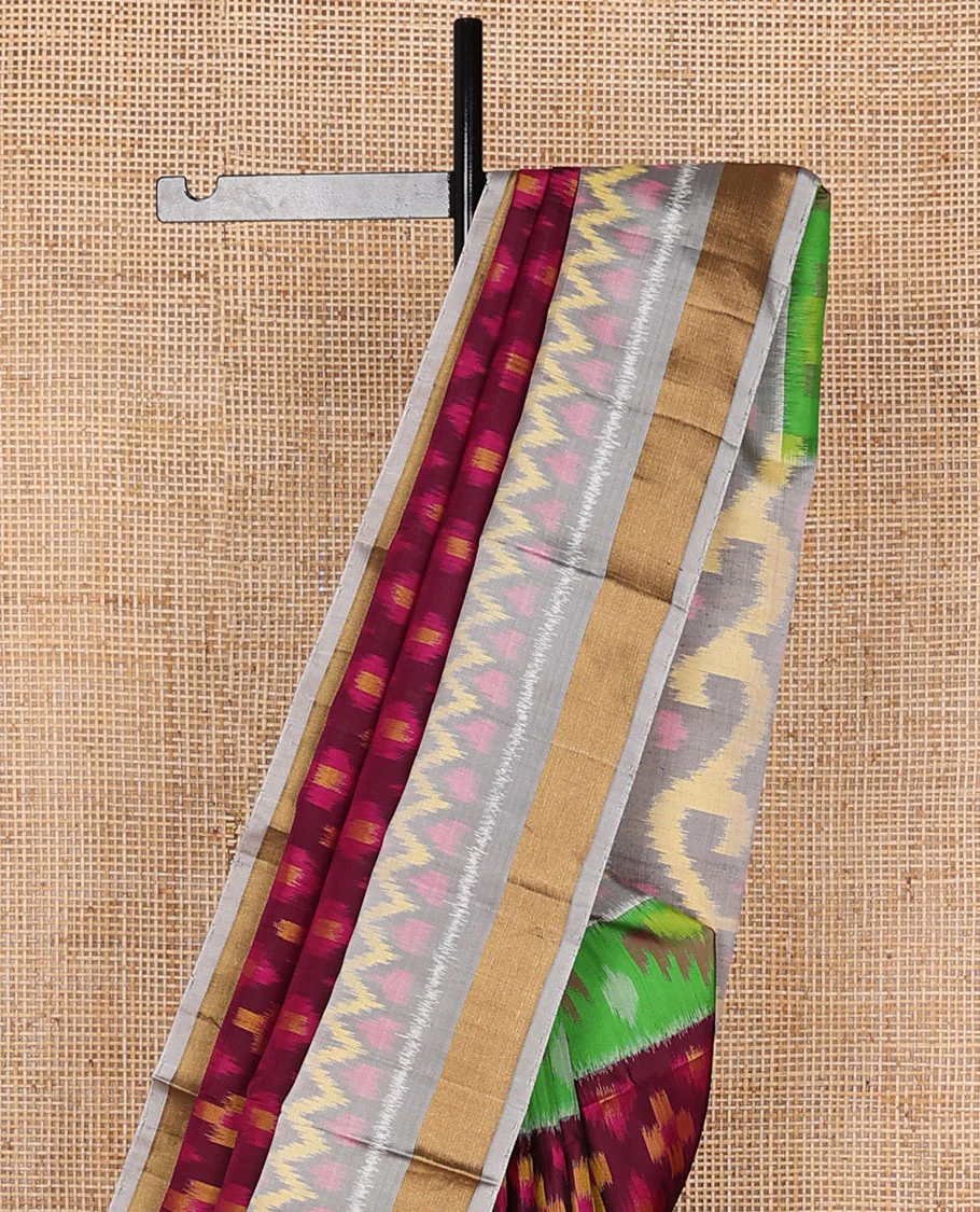 Maroon buttas pure ikkat saree, contrast multi-color geometric patterned ikkat border & pallu - Image 4