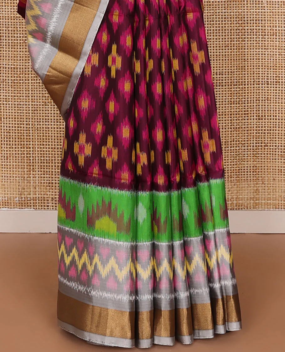 Maroon buttas pure ikkat saree, contrast multi-color geometric patterned ikkat border & pallu - Image 5