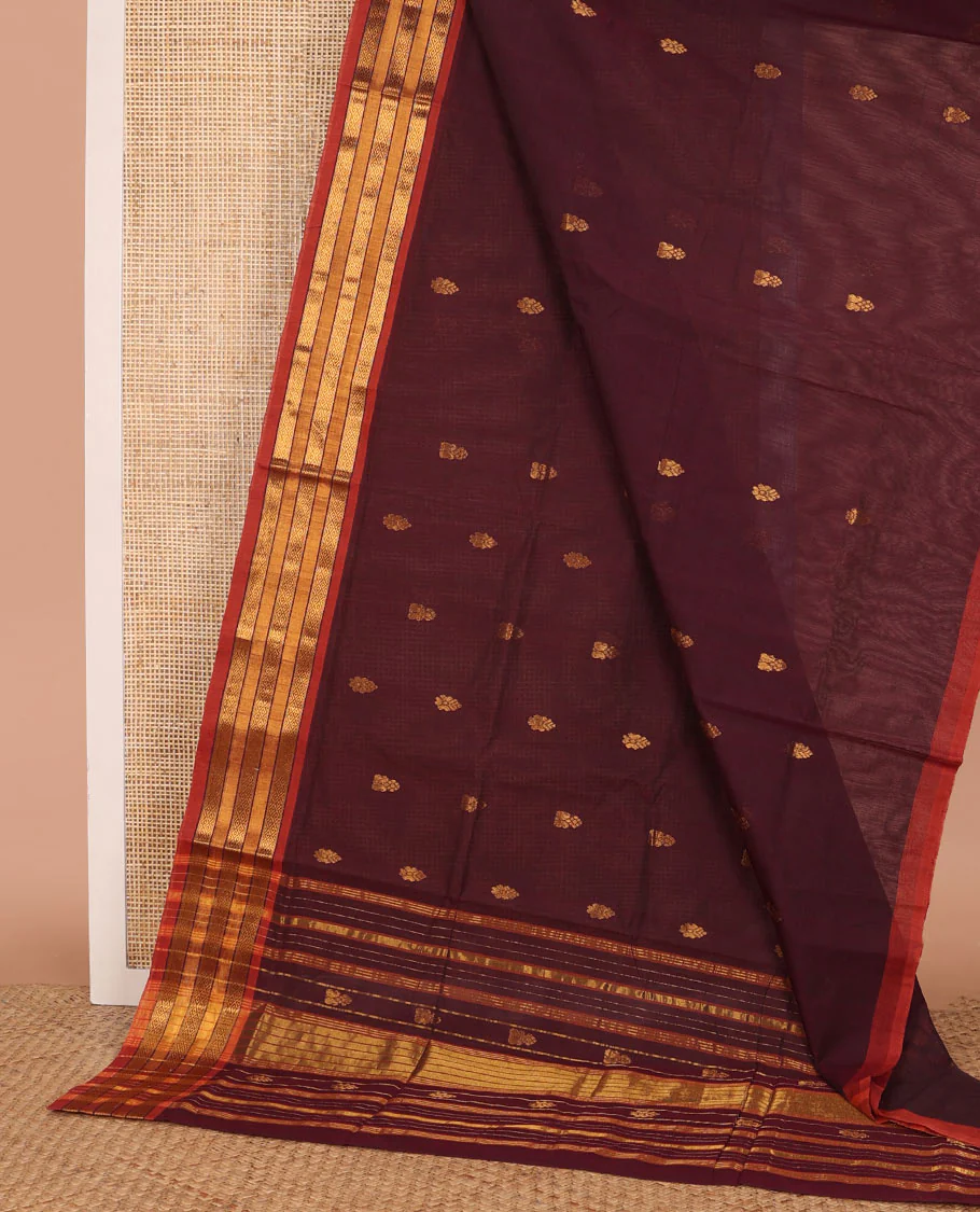 Maroon buttas Venkatagiri cotton saree, contrast traditional zari border, and pallu of zari stripes - Image 2