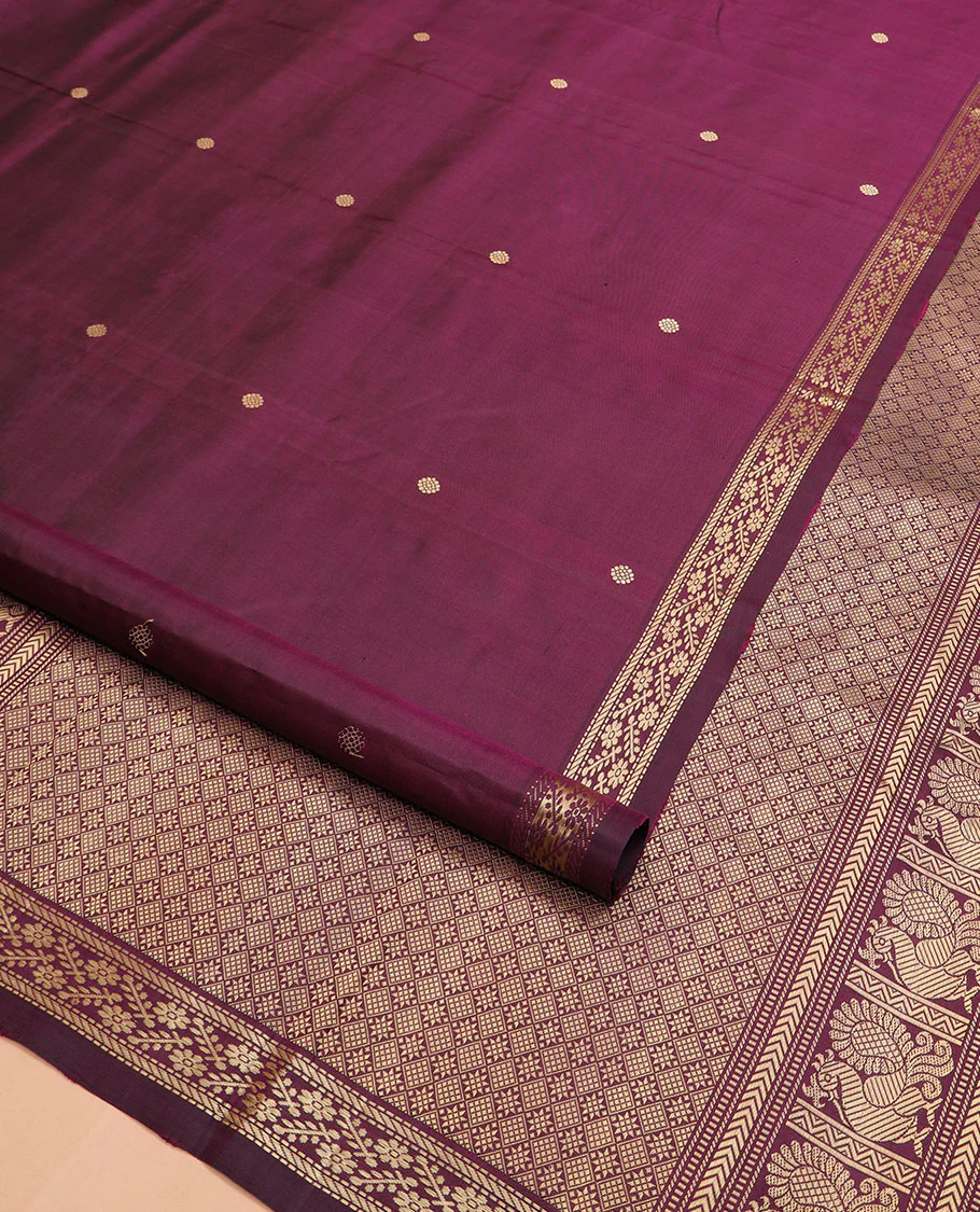 Maroon chakram buttas Kanchipuram silk saree, self-border of muthu, banaras, and floral designs, and jaal pallu - Image 2