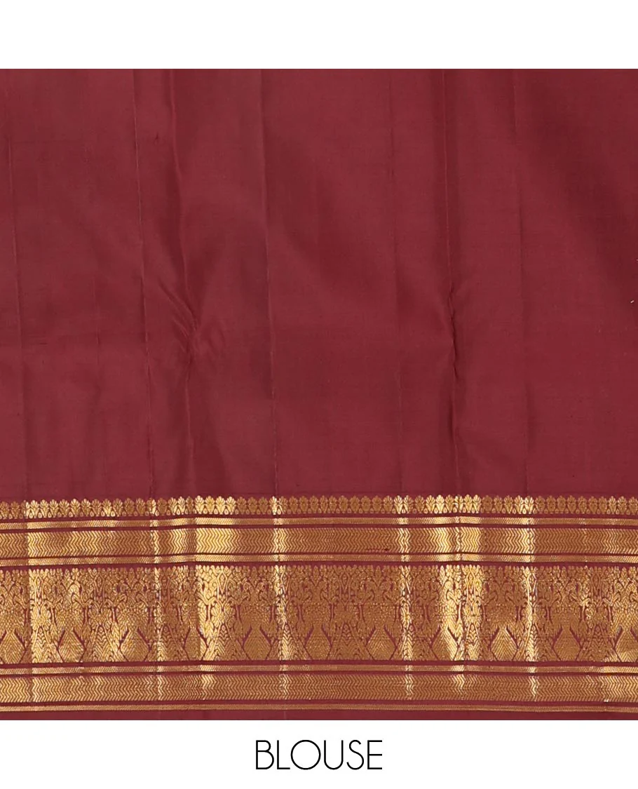 Maroon chakram buttas Kanchipuram silk saree, zari border of banaras,vanki & iru thalai pakshi & pallu of kathir,kamalam,mayil,yaanai,manga & iruthalai pakshi - Image 6