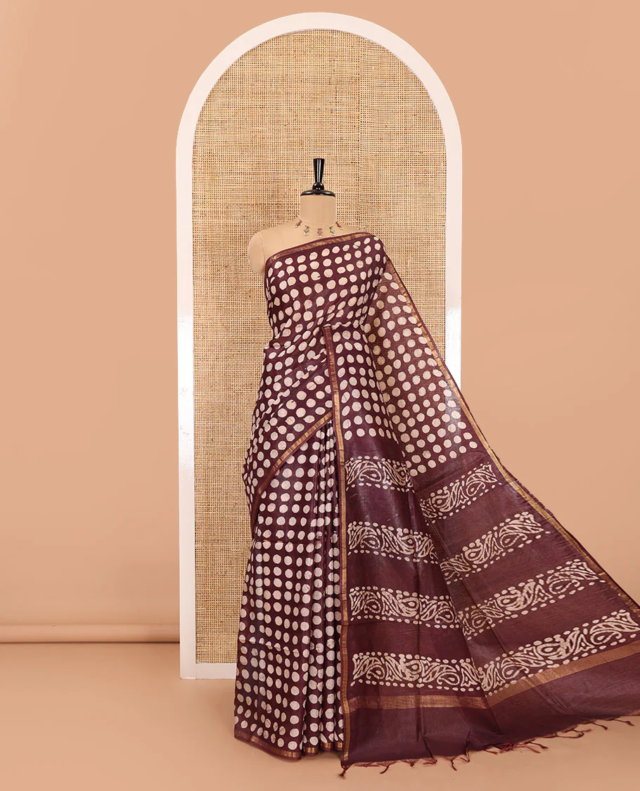 Maroon coin butta batik printed Bhagalpur cotton saree, zari piping border, batik printed pallu, and a plain blouse