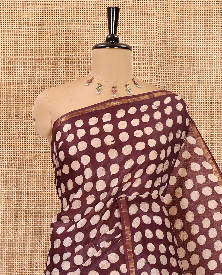 Maroon coin butta batik printed Bhagalpur cotton saree, zari piping border, batik printed pallu, and a plain blouse - Image 2
