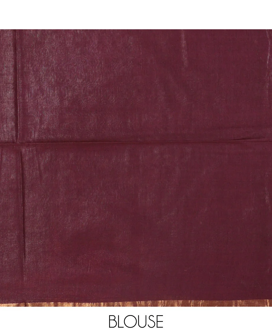 Maroon coin butta batik printed Bhagalpur cotton saree, zari piping border, batik printed pallu, and a plain blouse - Image 3