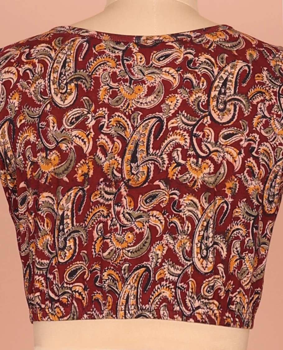 Maroon Cotton Readymade Blouse Beautified with All-Over Paisley Print, Featuring a Front Round-Neck, a Closed Back Neck, and Elbow Sleeves - Image 3