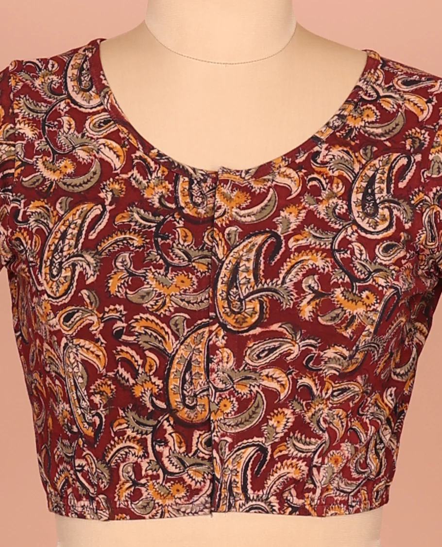 Maroon Cotton Readymade Blouse Beautified with All-Over Paisley Print, Featuring a Front Round-Neck, a Closed Back Neck, and Elbow Sleeves - Image 4