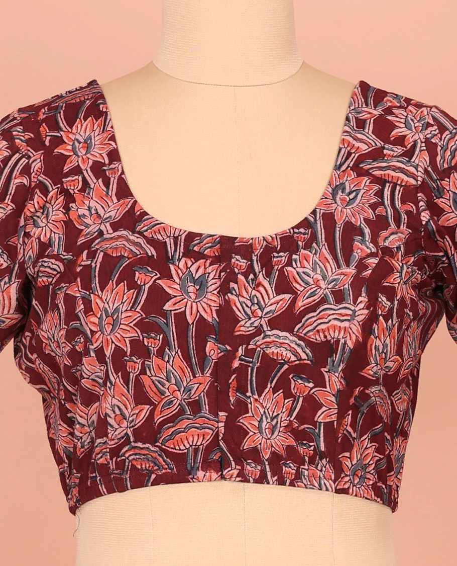 Maroon Cotton Readymade Blouse Bedecked with All-Over Floral Motifs Print, Featuring a Front Round-Neck, a Back Round-Neck, and Elbow Sleeves - Image 2