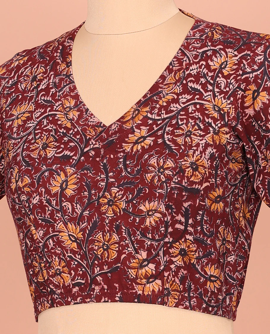 Maroon Cotton Readymade Blouse Embellished with All-Over Kalamkari Floral Vine Print, Front V-Neck, Back Closed Neck, and Elbow Sleeves - Image 2