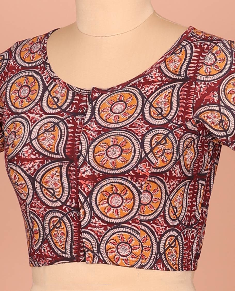 Maroon Cotton Readymade Blouse Ornamented with All-Over Chakram and Paisley Motif Print, Featuring a Front Round Neck, Back Round Neck, and Elbow Sleeves - Image 2