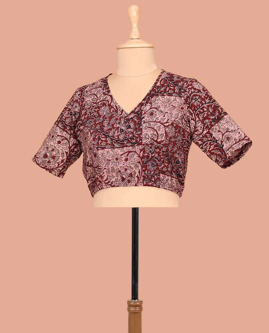 Maroon Cotton Readymade Blouse Prettified with All-Over Floral Vine Print, Featuring a Front V-Neck, a Closed Back Neck, and Elbow Sleeves
