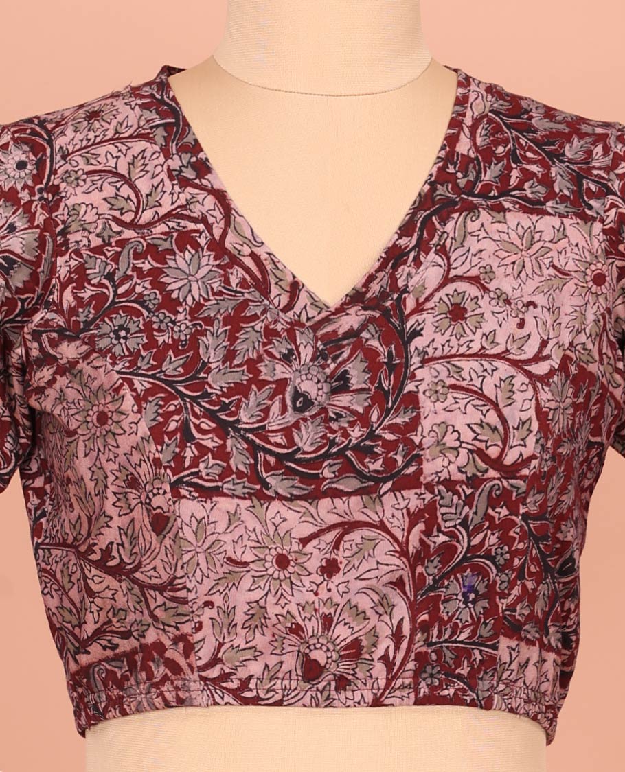 Maroon Cotton Readymade Blouse Prettified with All-Over Floral Vine Print, Featuring a Front V-Neck, a Closed Back Neck, and Elbow Sleeves - Image 2