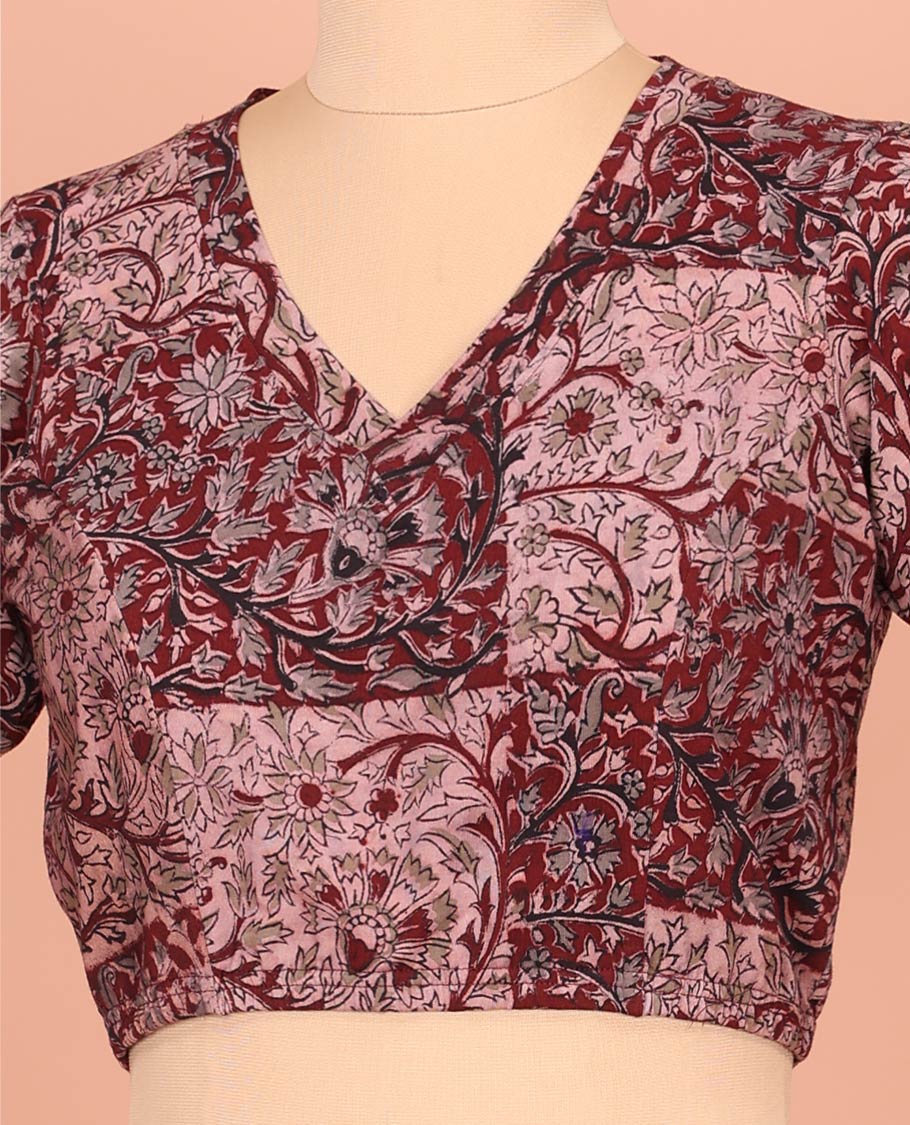 Maroon Cotton Readymade Blouse Prettified with All-Over Floral Vine Print, Featuring a Front V-Neck, a Closed Back Neck, and Elbow Sleeves - Image 3