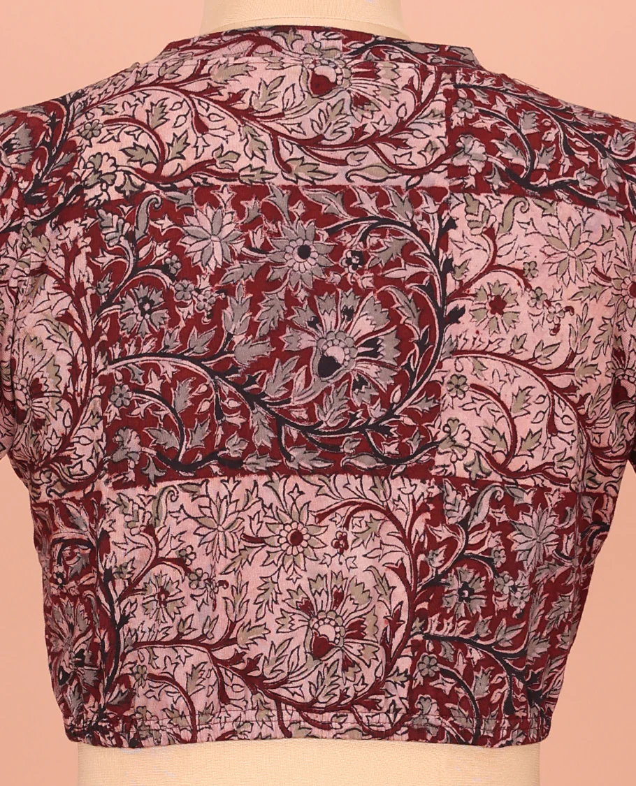 Maroon Cotton Readymade Blouse Prettified with All-Over Floral Vine Print, Featuring a Front V-Neck, a Closed Back Neck, and Elbow Sleeves - Image 4