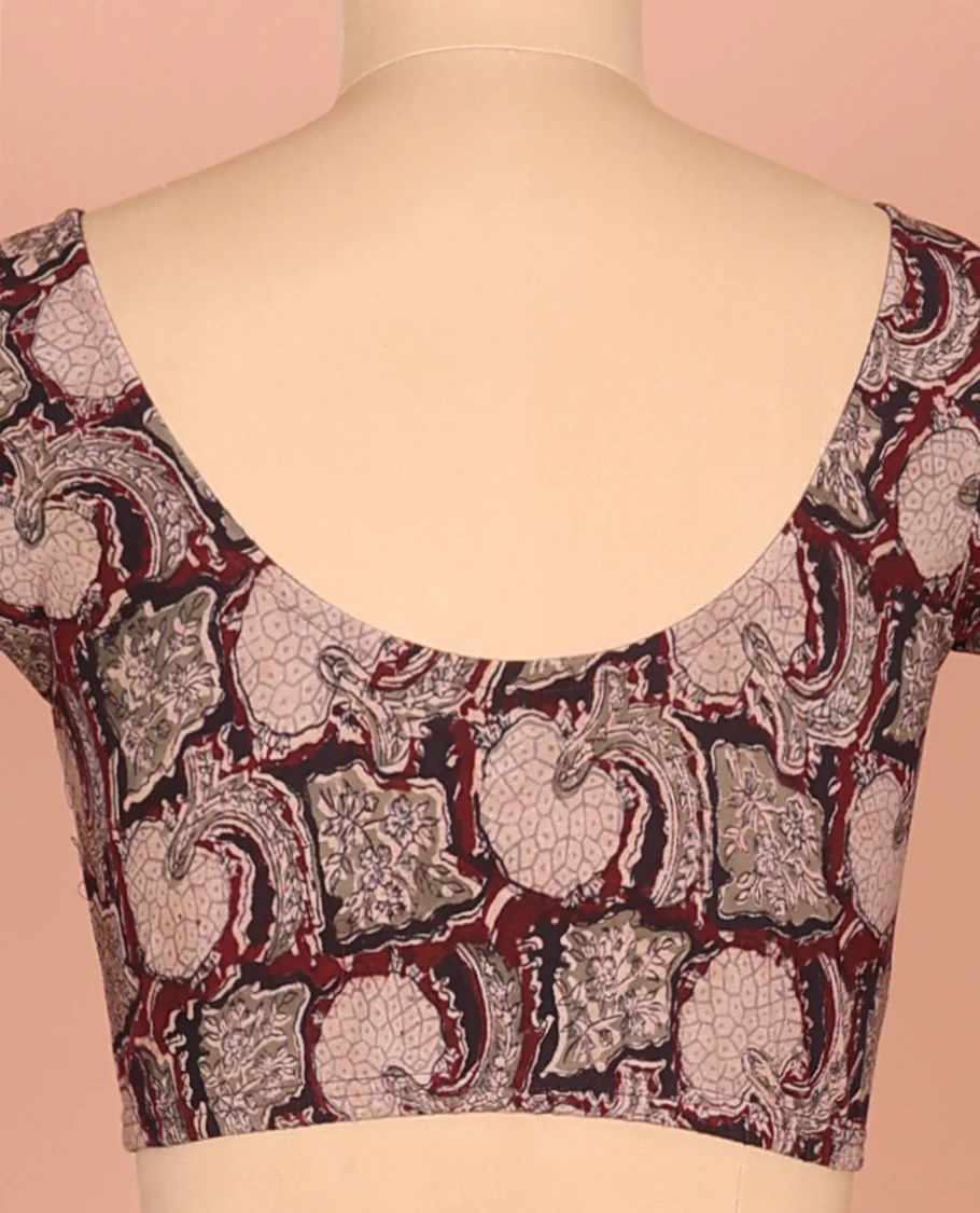 Maroon Cotton Readymade Blouse Subtly Sparked with All-Over Floral Vine Print, Featuring a Front Round-Neck, a Back Round-Neck, and Elbow Sleeves - Image 3