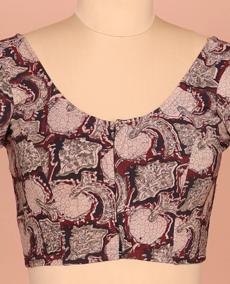 Maroon Cotton Readymade Blouse Subtly Sparked with All-Over Floral Vine Print, Featuring a Front Round-Neck, a Back Round-Neck, and Elbow Sleeves - Image 4
