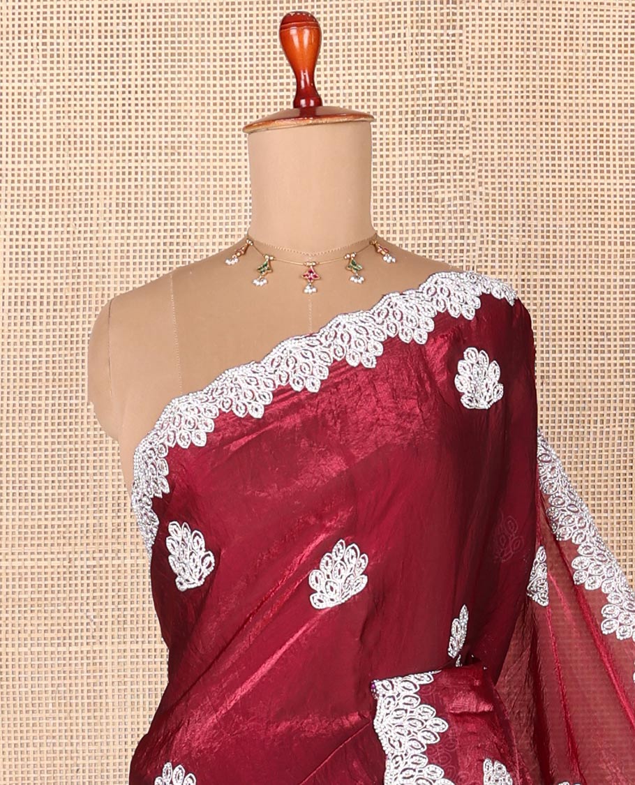 Maroon designer saree with silver embroidery thread, intricate motifs & scallop embroidery boder - Image 2