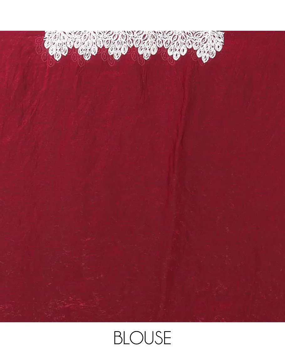 Maroon designer saree with silver embroidery thread, intricate motifs & scallop embroidery boder - Image 3