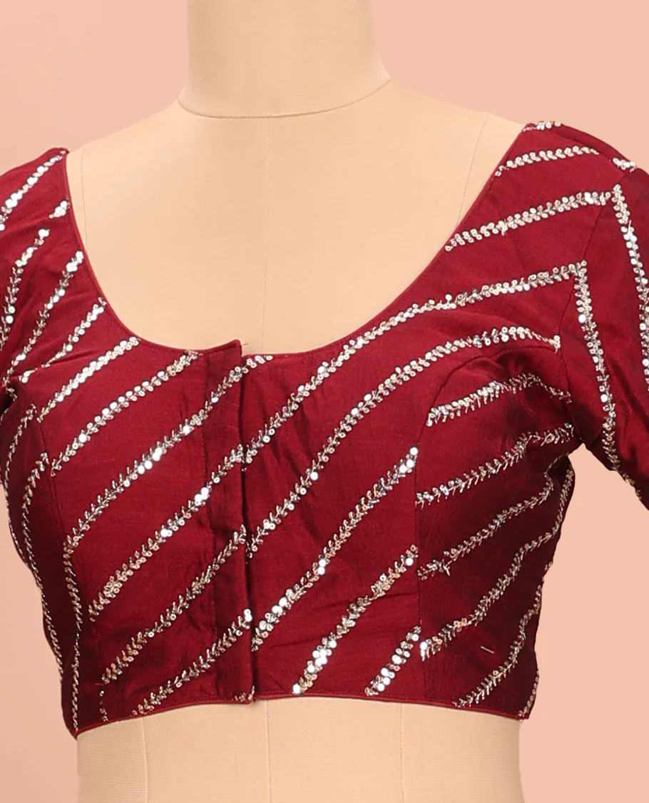 Maroon diagonal leaf vine sequins embroidered round neck with elbow sleeve blouse - Image 2