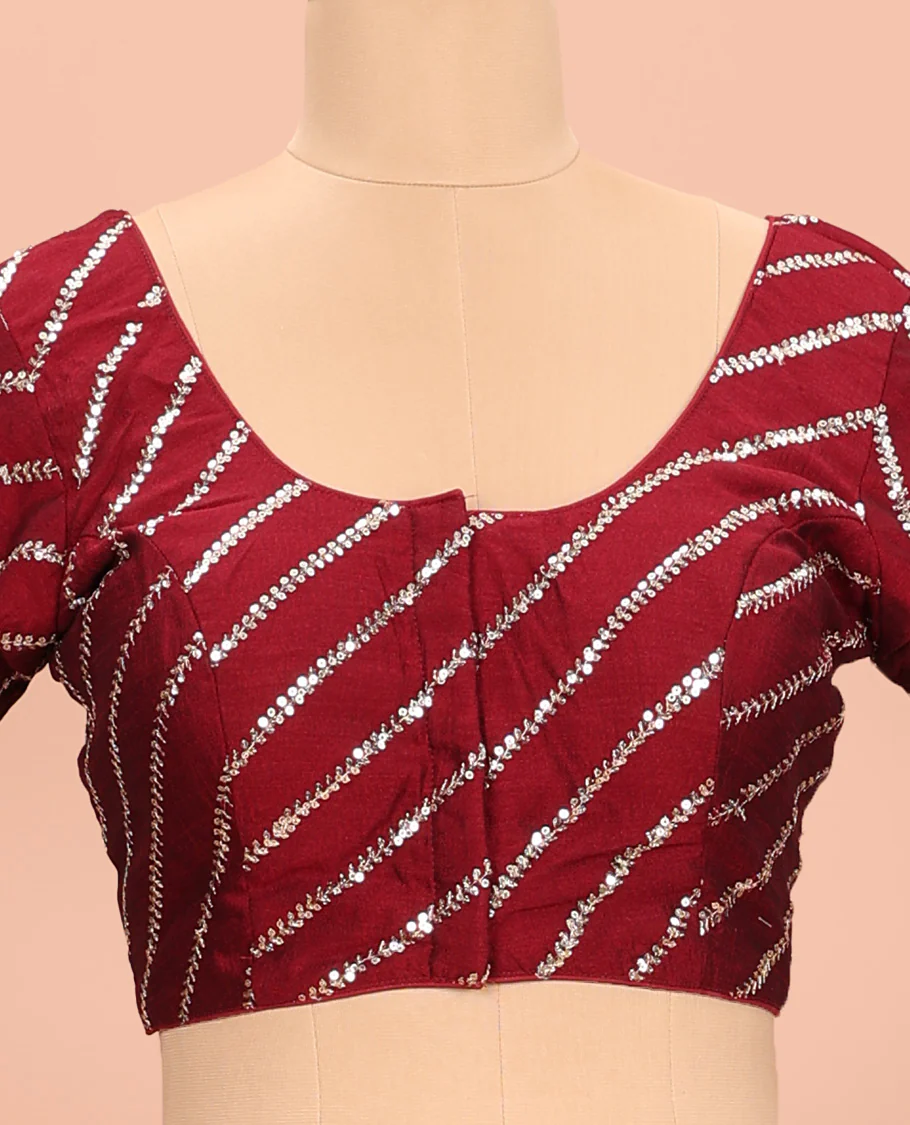 Maroon diagonal leaf vine sequins embroidered round neck with elbow sleeve blouse - Image 3