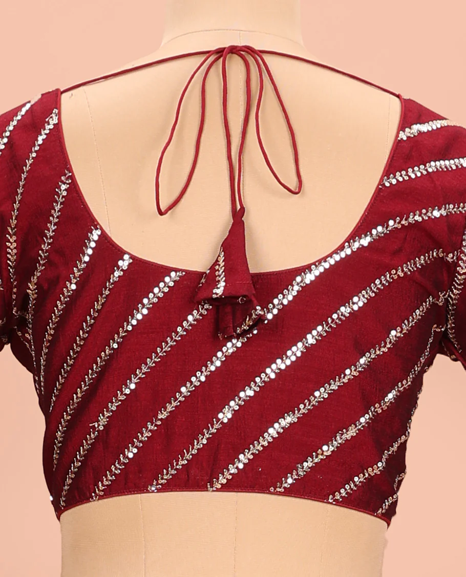 Maroon diagonal leaf vine sequins embroidered round neck with elbow sleeve blouse - Image 4