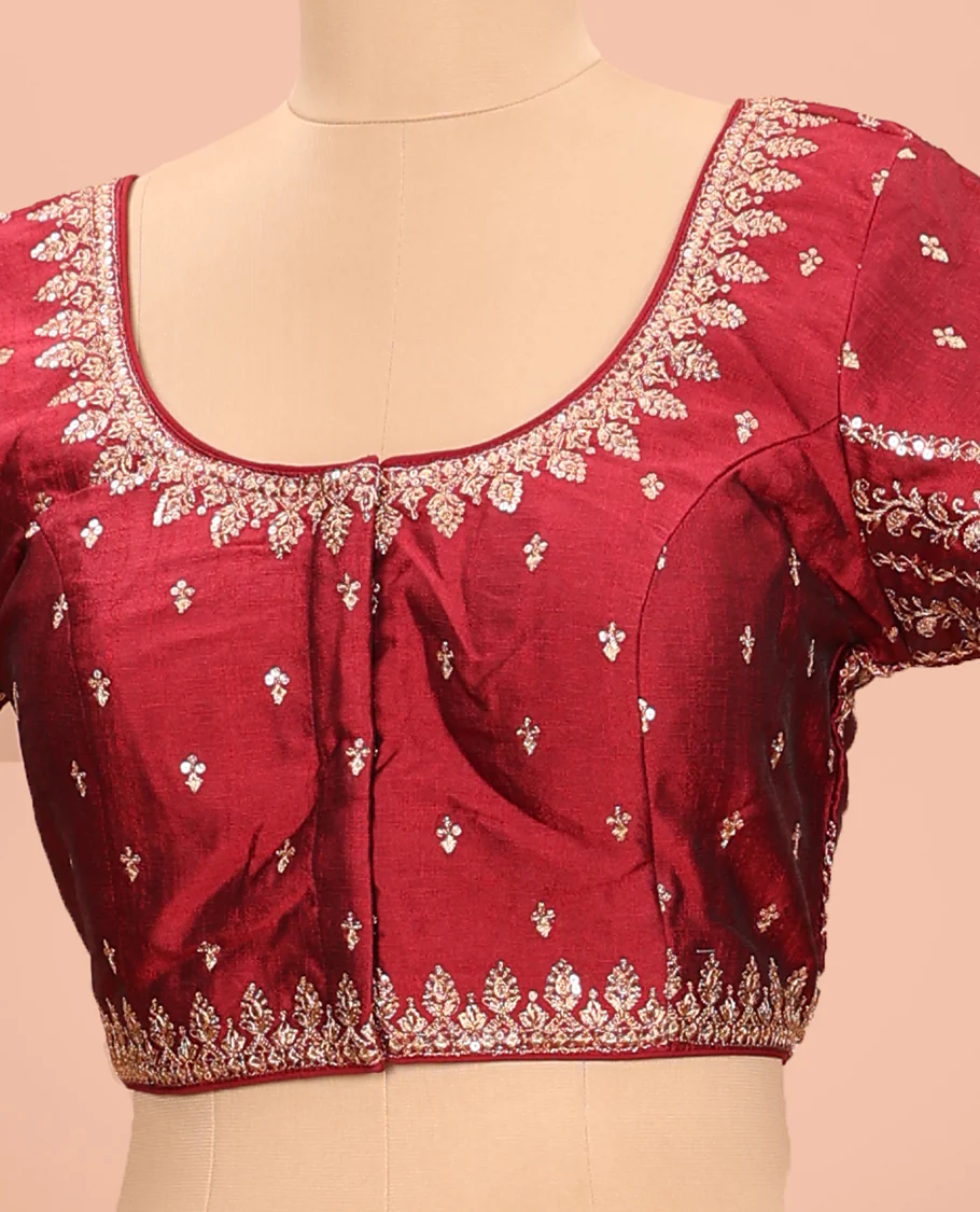 Maroon embroidered round neck with elbow sleeve raw-silk blouse - Image 2