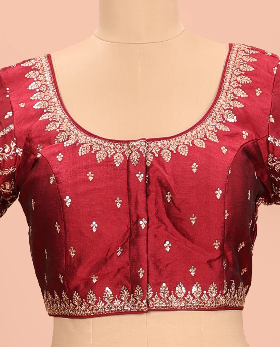 Maroon embroidered round neck with elbow sleeve raw-silk blouse - Image 3