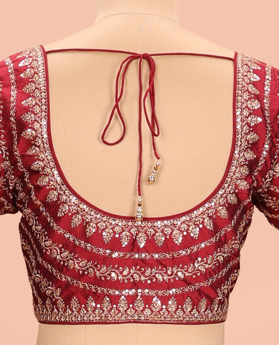 Maroon embroidered round neck with elbow sleeve raw-silk blouse - Image 4