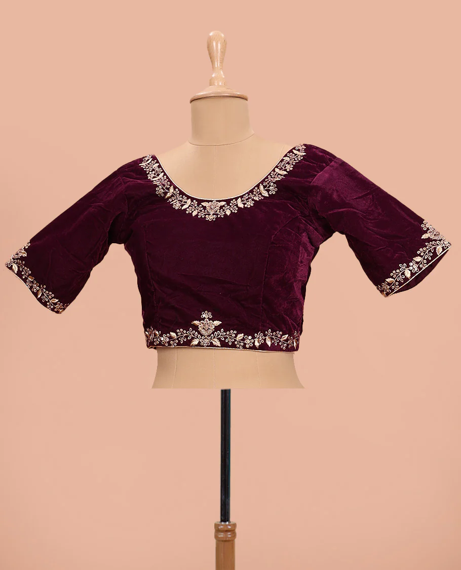 Maroon floral embroidered front round neck and back leaf neck with elbow sleeve velvet blouse