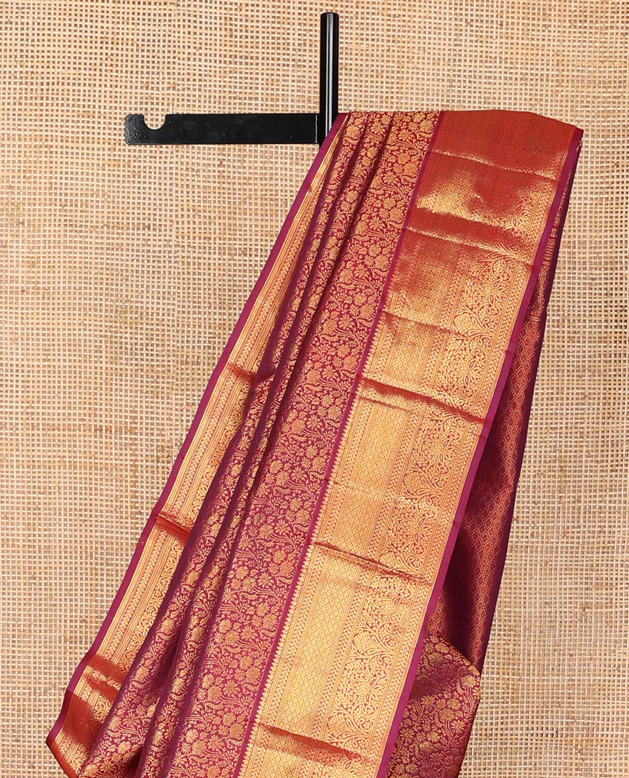 Maroon floral jaal jacquard Kanchipuram wedding silk saree, zari border of thilakam mokku, kathir, muthu, jaal, and floral designs, and jaal pallu - Image 4