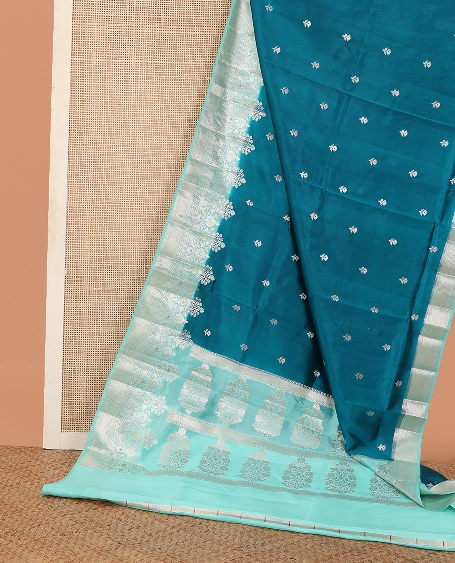 Blue floral buttas raw mango silk saree, contrast traditional zari design meenakari border, and floral bouquet pallu - Image 3
