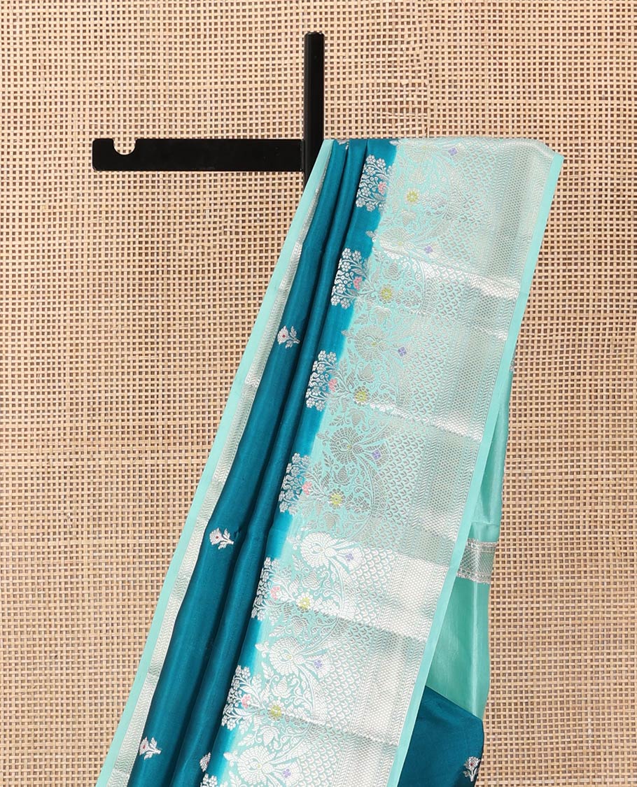 Blue floral buttas raw mango silk saree, contrast traditional zari design meenakari border, and floral bouquet pallu - Image 4