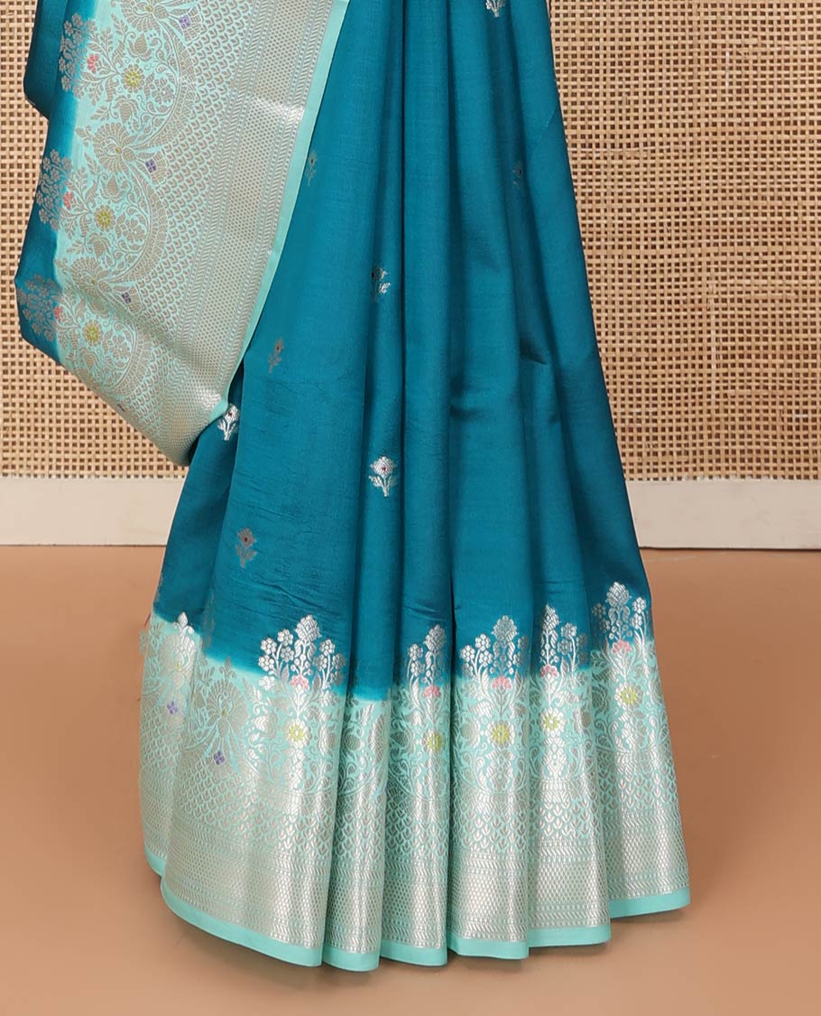 Blue floral buttas raw mango silk saree, contrast traditional zari design meenakari border, and floral bouquet pallu - Image 5