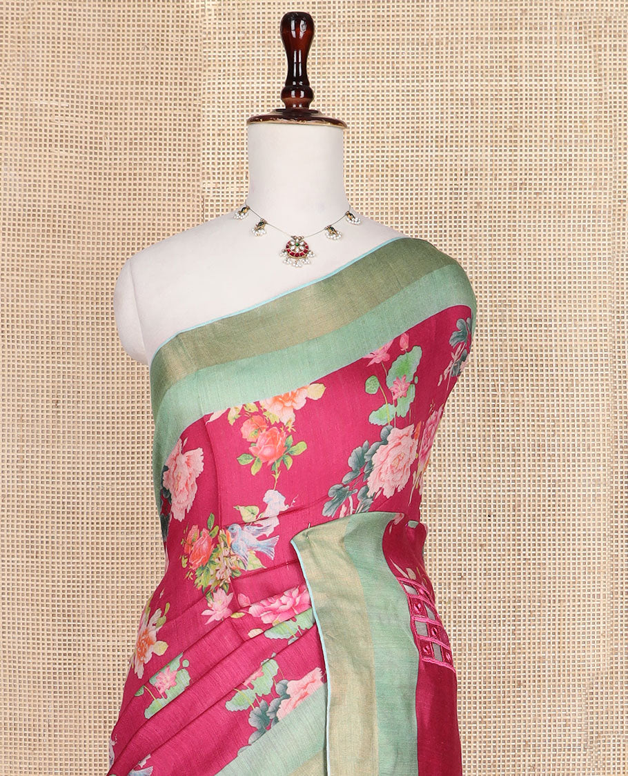 Maroon floral motifs printed tussar silk saree, contrast zari bavanji border, and checked pallu - Image 2