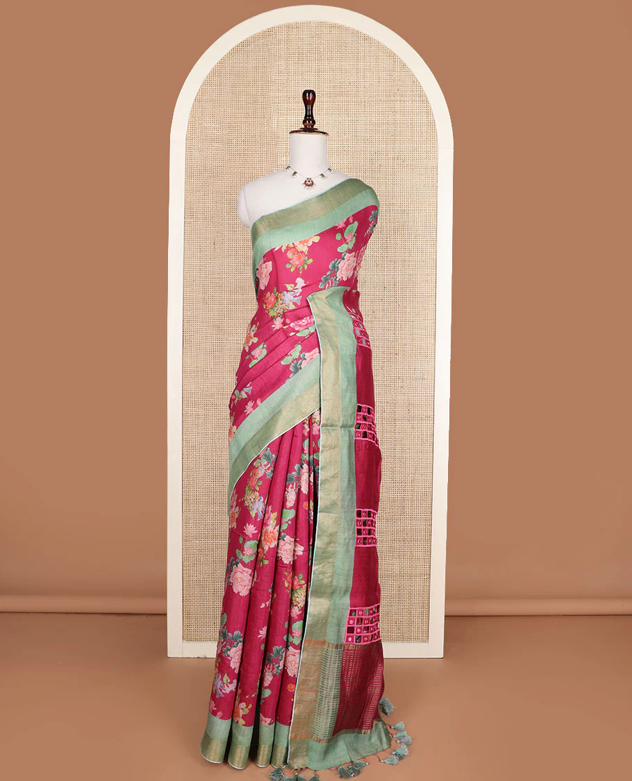 Maroon floral motifs printed tussar silk saree, contrast zari bavanji border, and checked pallu - Image 3