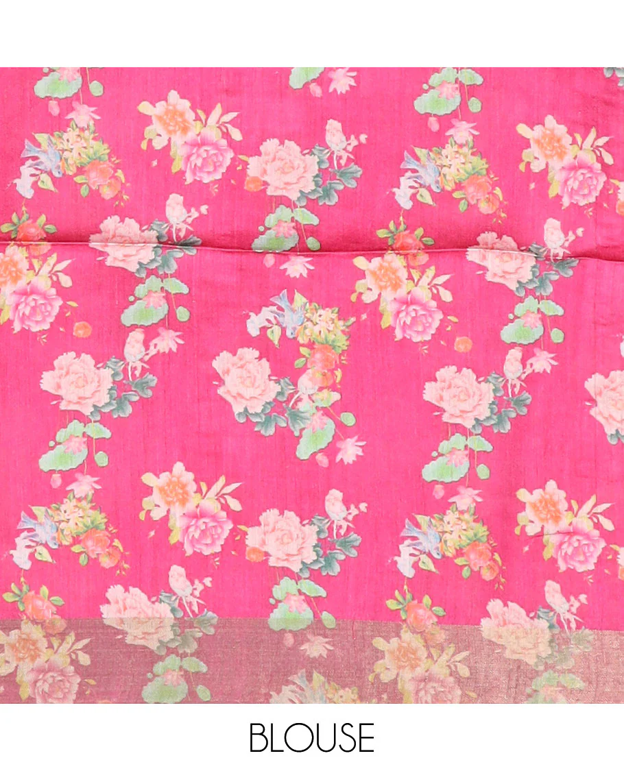 Maroon floral motifs printed tussar silk saree, contrast zari bavanji border, and checked pallu - Image 4