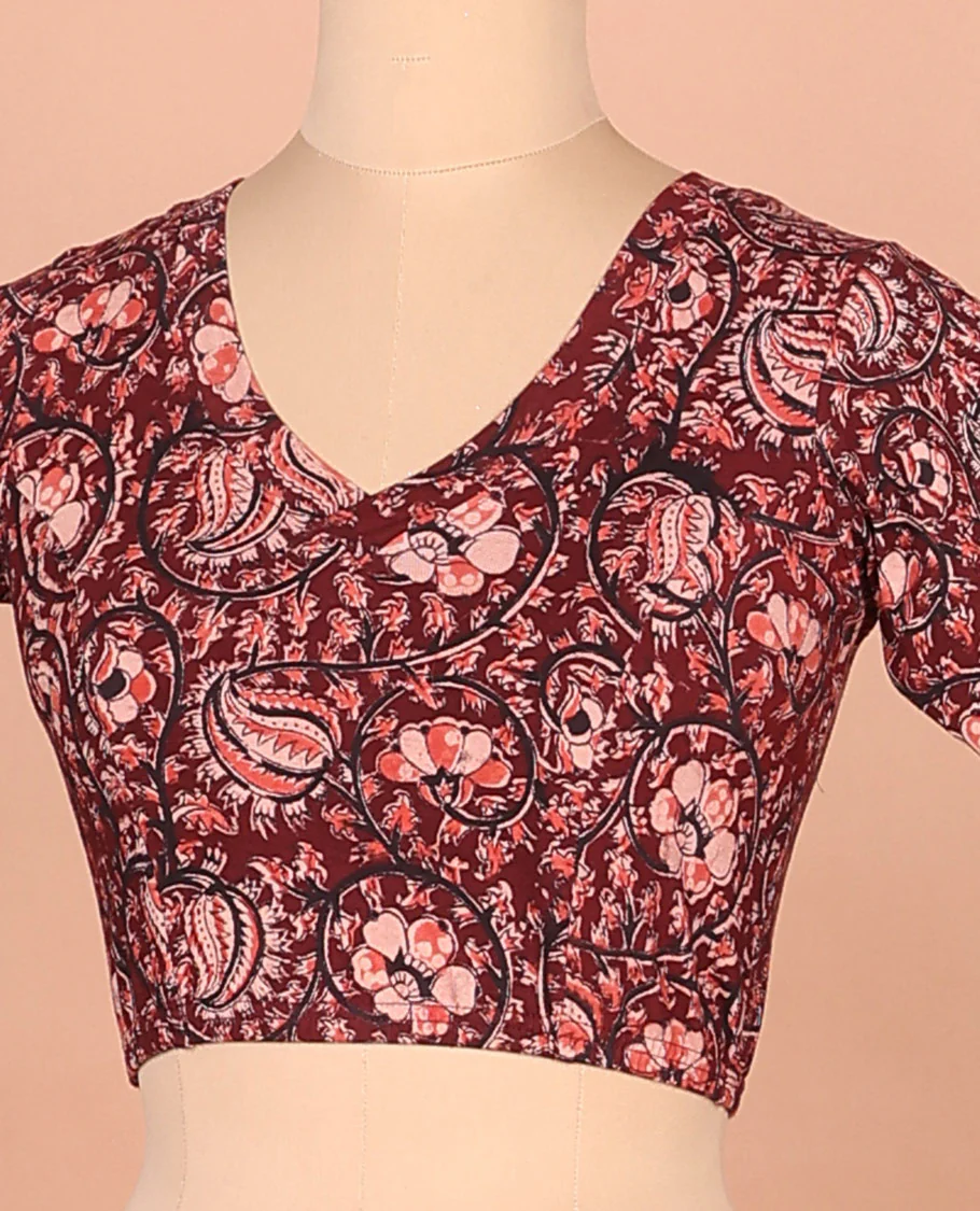 Maroon floral vine printed front and back leaf neck elbow sleeve cotton readymade blouse - Image 3