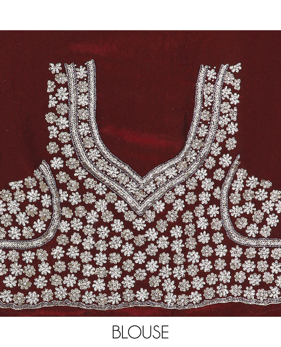 Maroon flower motifs embroidered designer saree, floral embroidered scallop border - Image 4