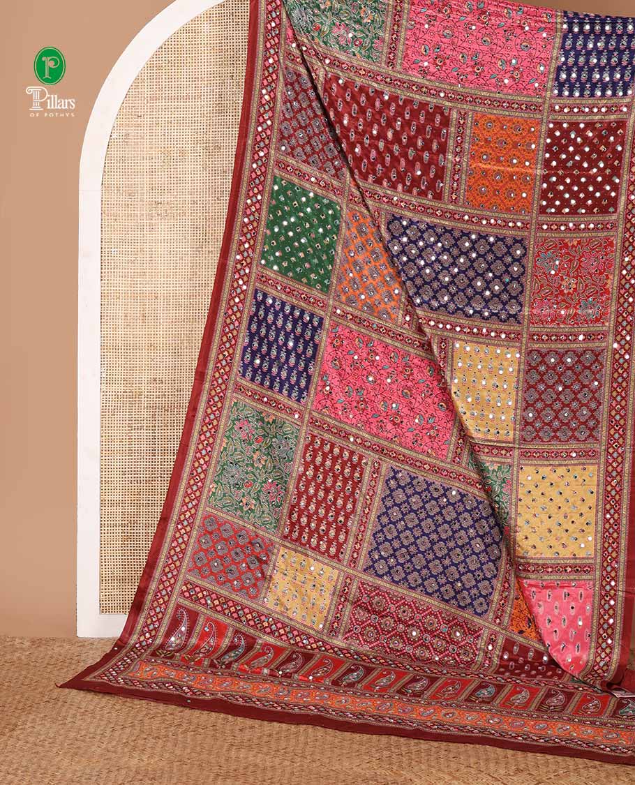 Maroon half-&-half colorful geometric printed & mirror embroidered masakali saree, printed border & pallu, plain blouse - Image 2