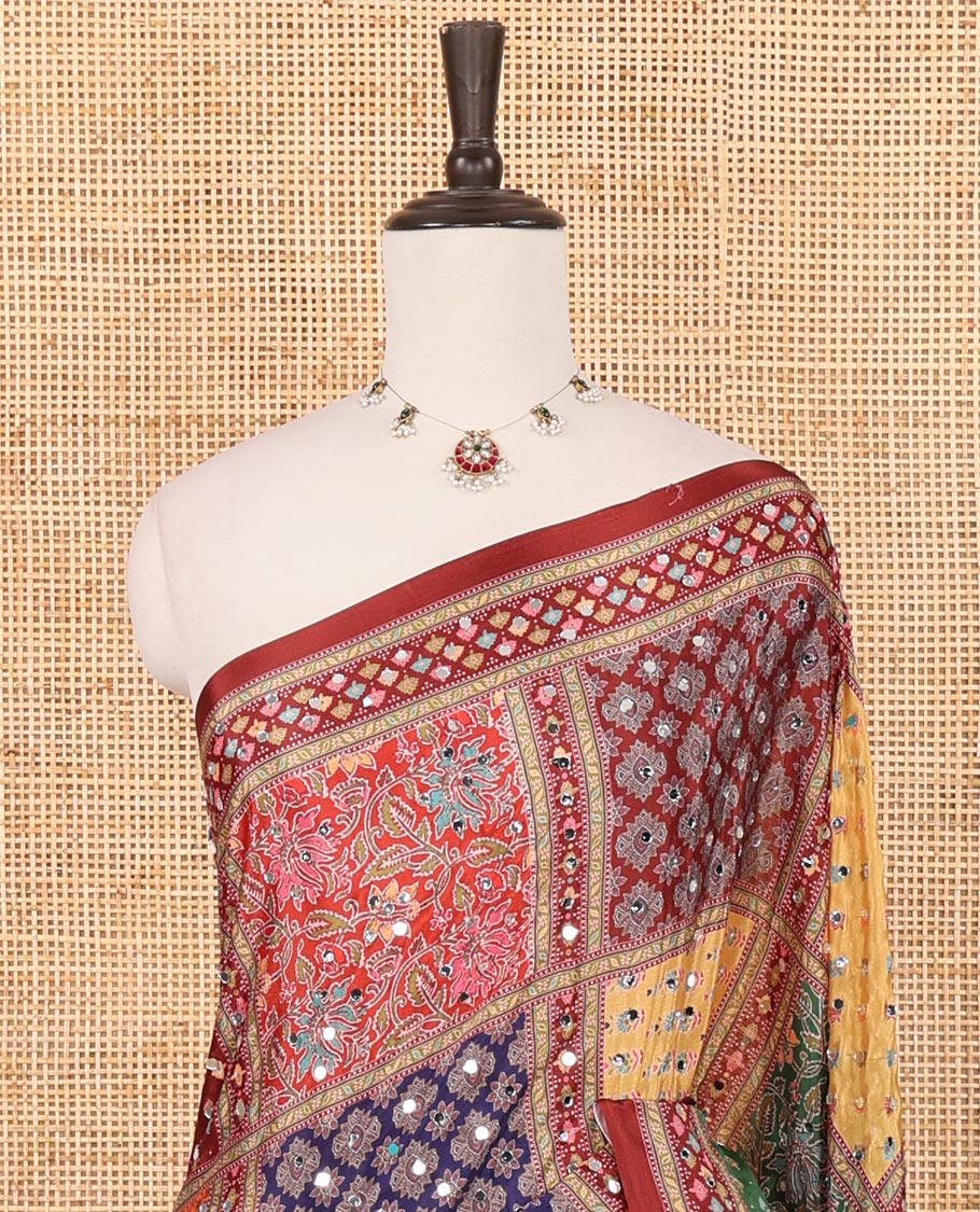 Maroon half-&-half colorful geometric printed & mirror embroidered masakali saree, printed border & pallu, plain blouse - Image 3