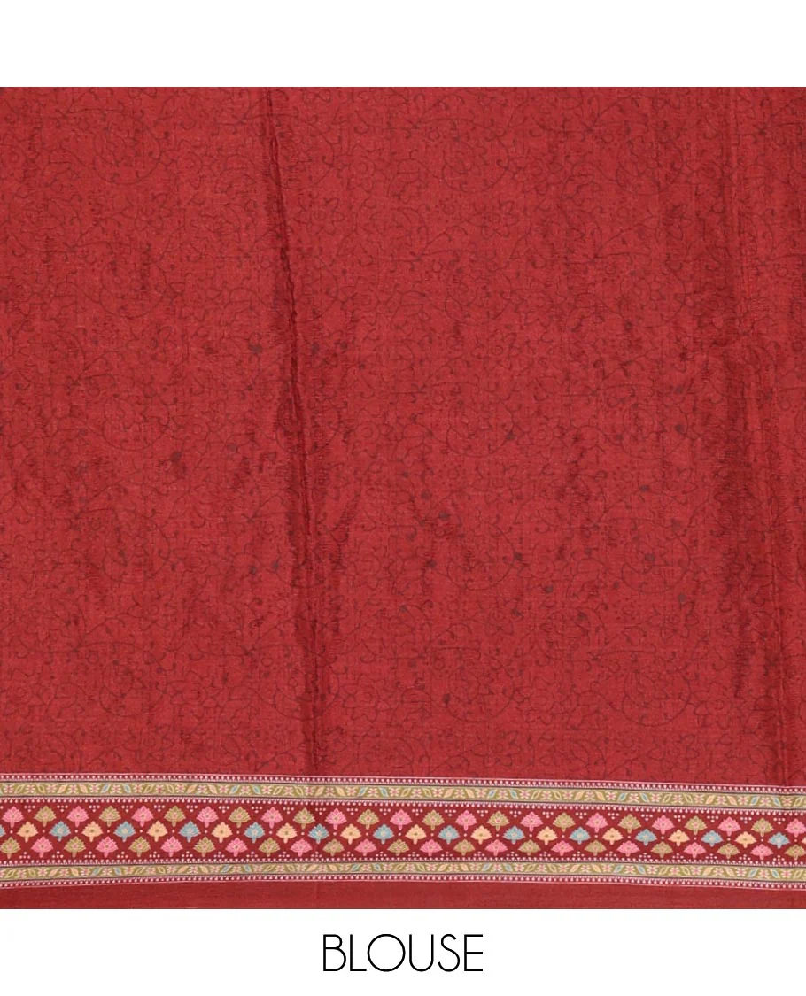 Maroon half-&-half colorful geometric printed & mirror embroidered masakali saree, printed border & pallu, plain blouse - Image 4