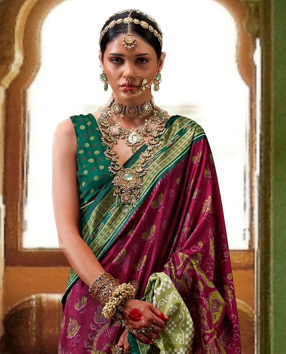 Maroon ikkat floral buttas woven designer catalog saree, contrast ikkat rudraksha border, and pallu of ikkat weave - Image 2