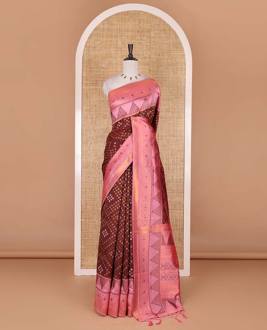 Maroon ikkat style zari and thread buttas elite soft silk saree, contrast ikkat design border, geometric patterned pallu, and a contrast blouse - Image 2